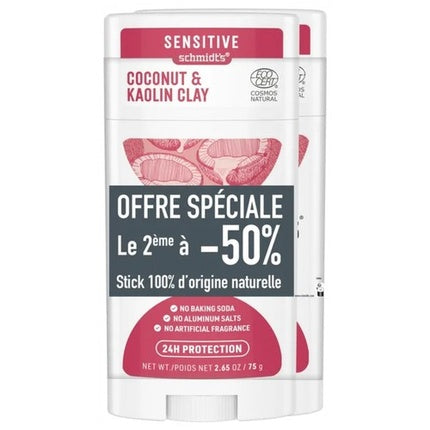 Schmidt's Sensitive Deodorant Stick Natural Coconut and Kaolin Clay - Pack of 2